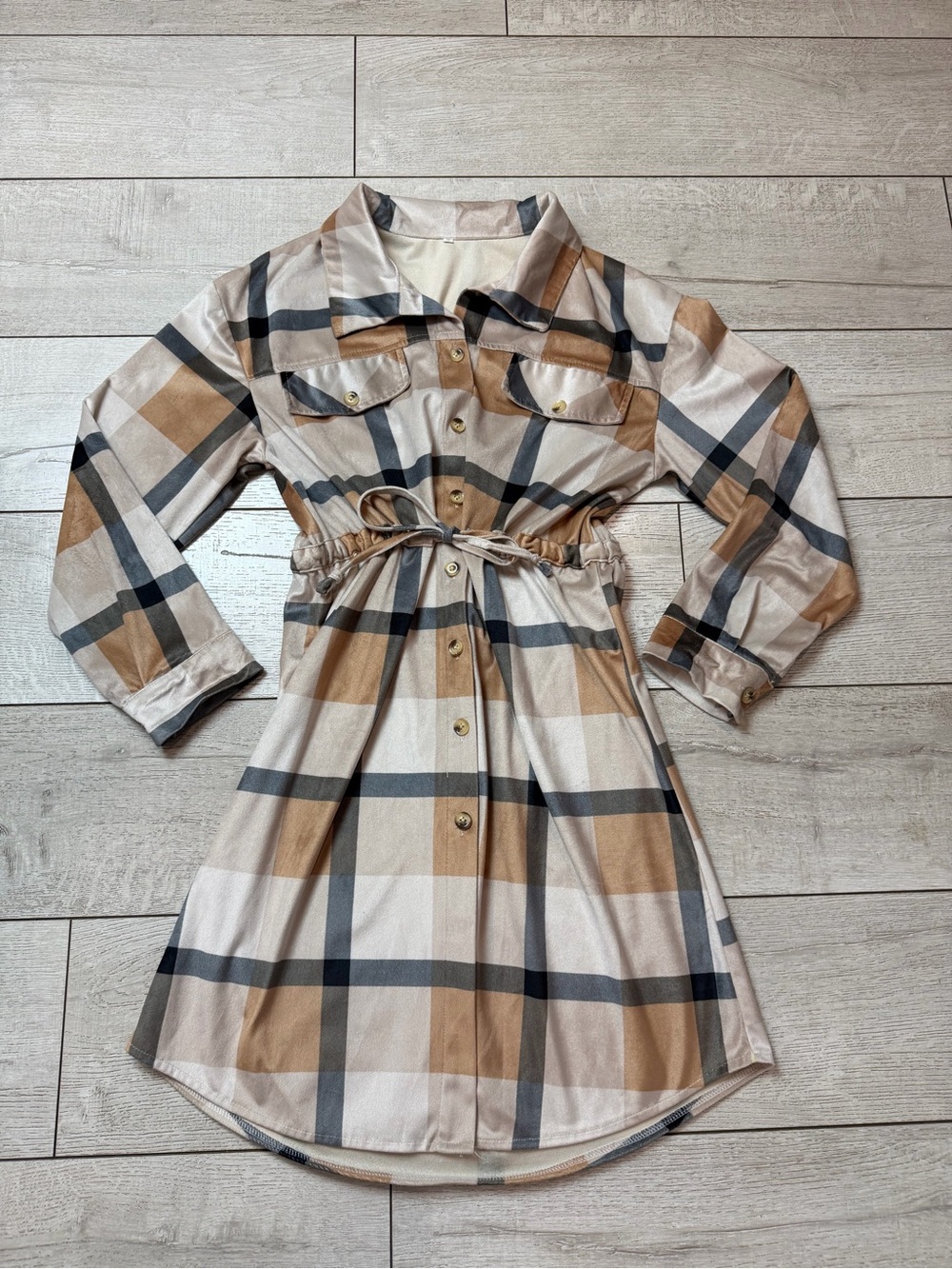 Plaid Shirt Dress Women Small Tan Check Tie Waist Button Front Boutique
